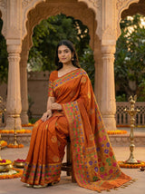 MIMOSA Women's Woven Design Paithani Style Raw Silk Saree with Blouse Piece - Rust ( SA00003127RSFREE )