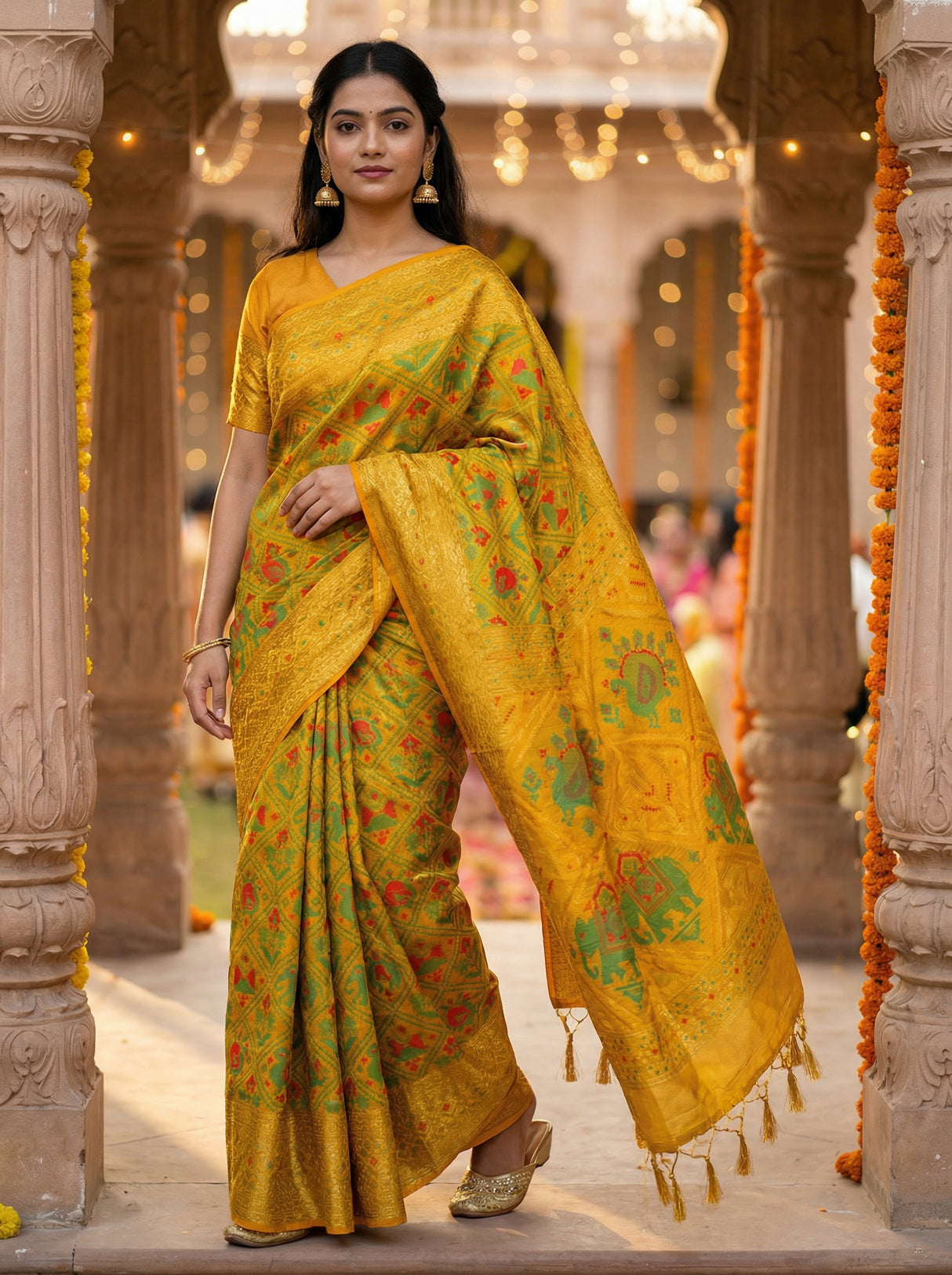 MIMOSA Women's Woven Design Paithani Style Raw Silk Saree with Blouse Piece - Gold ( SA00003128GDFREE )