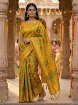 MIMOSA Women's Woven Design Paithani Style Raw Silk Saree with Blouse Piece - Gold ( SA00003128GDFREE )