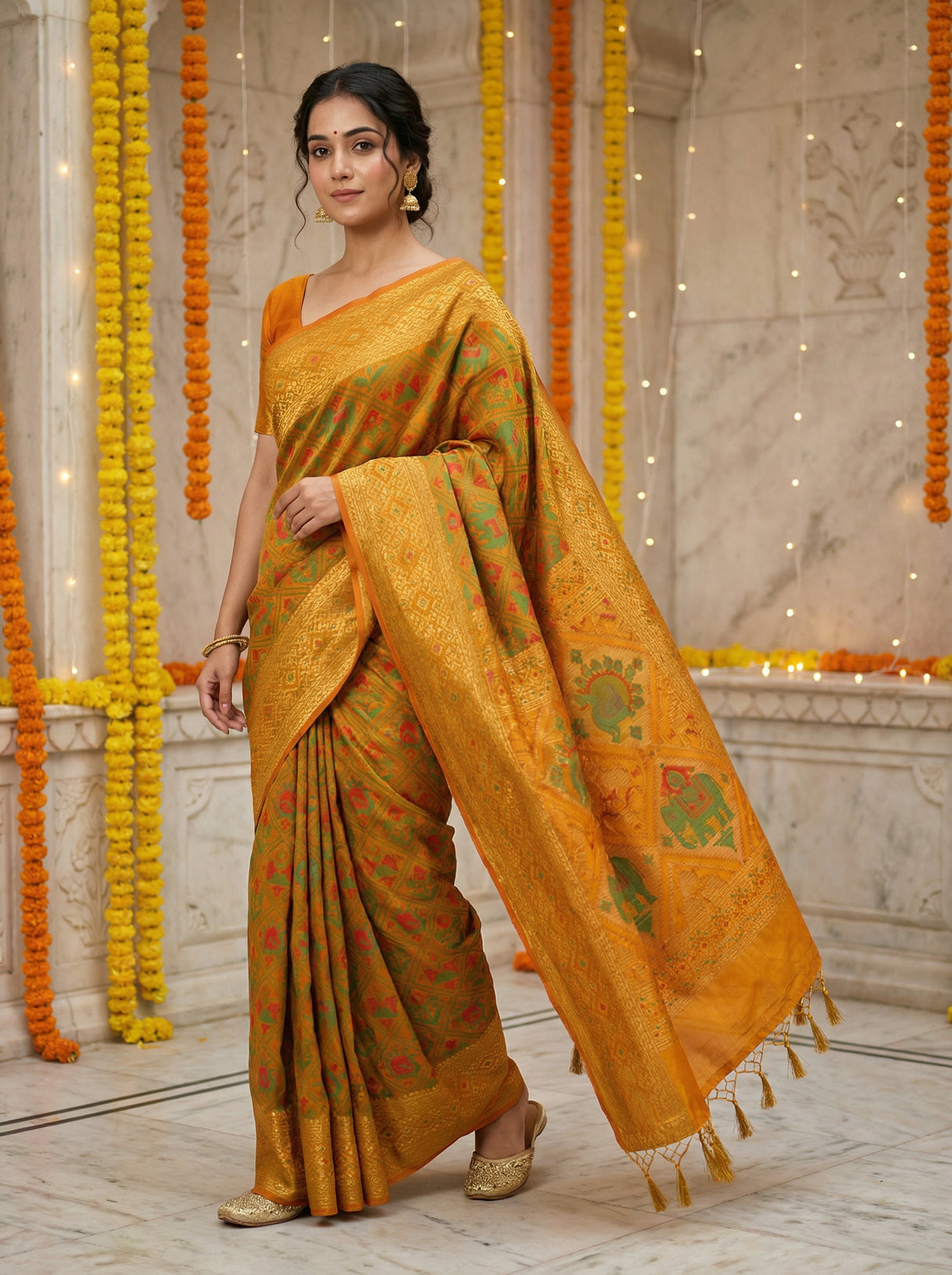 MIMOSA Women's Woven Design Paithani Style Raw Silk Saree with Blouse Piece - Mustard ( SA00003128MSFREE )