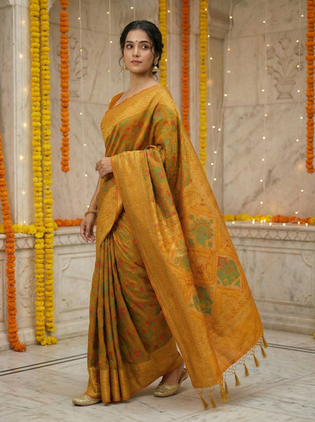 MIMOSA Women's Woven Design Paithani Style Raw Silk Saree with Blouse Piece - Mustard ( SA00003128MSFREE )
