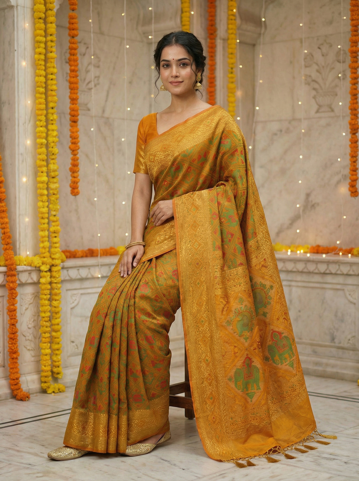 MIMOSA Women's Woven Design Paithani Style Raw Silk Saree with Blouse Piece - Mustard ( SA00003128MSFREE )
