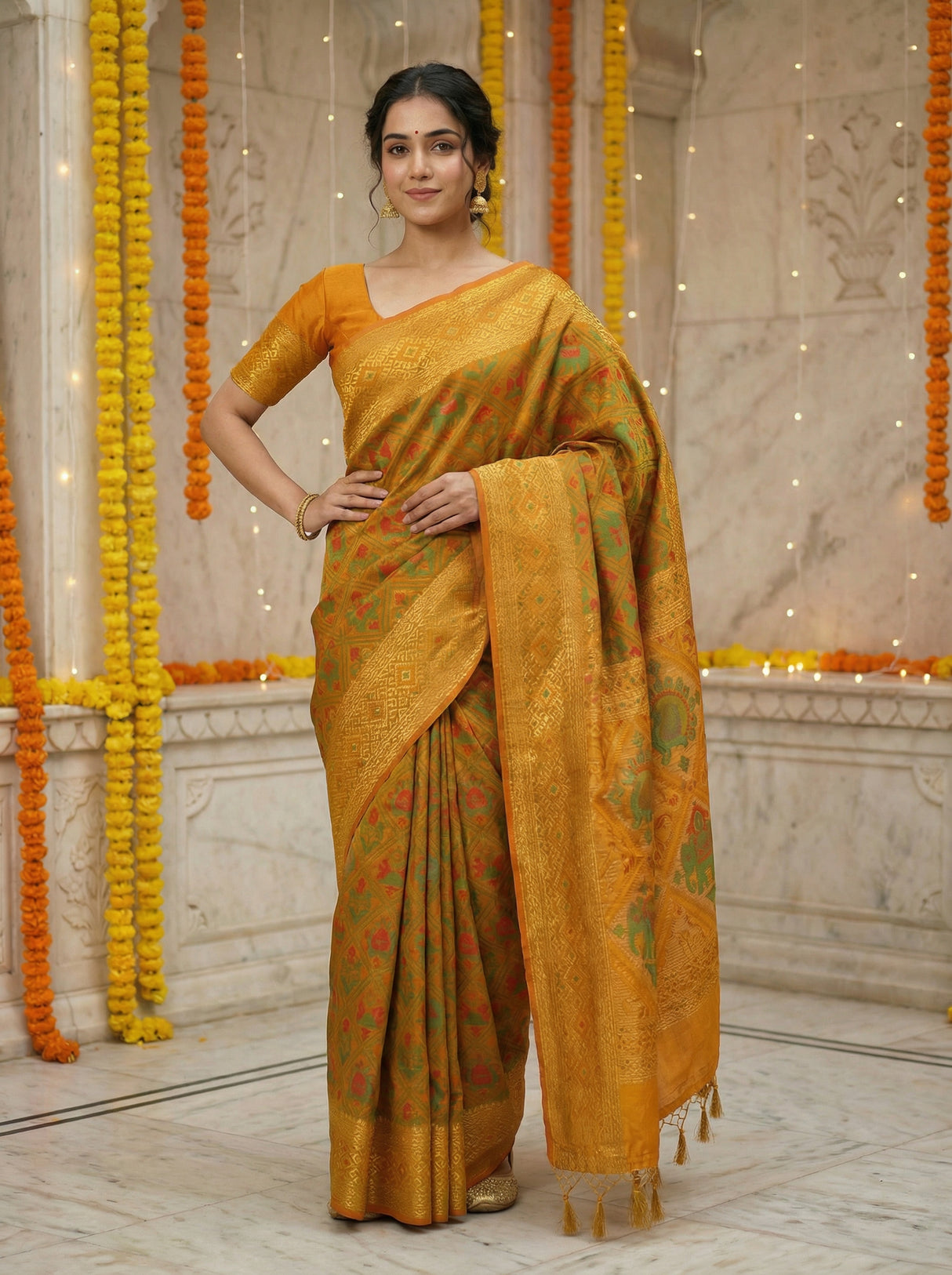 MIMOSA Women's Woven Design Paithani Style Raw Silk Saree with Blouse Piece - Mustard ( SA00003128MSFREE )