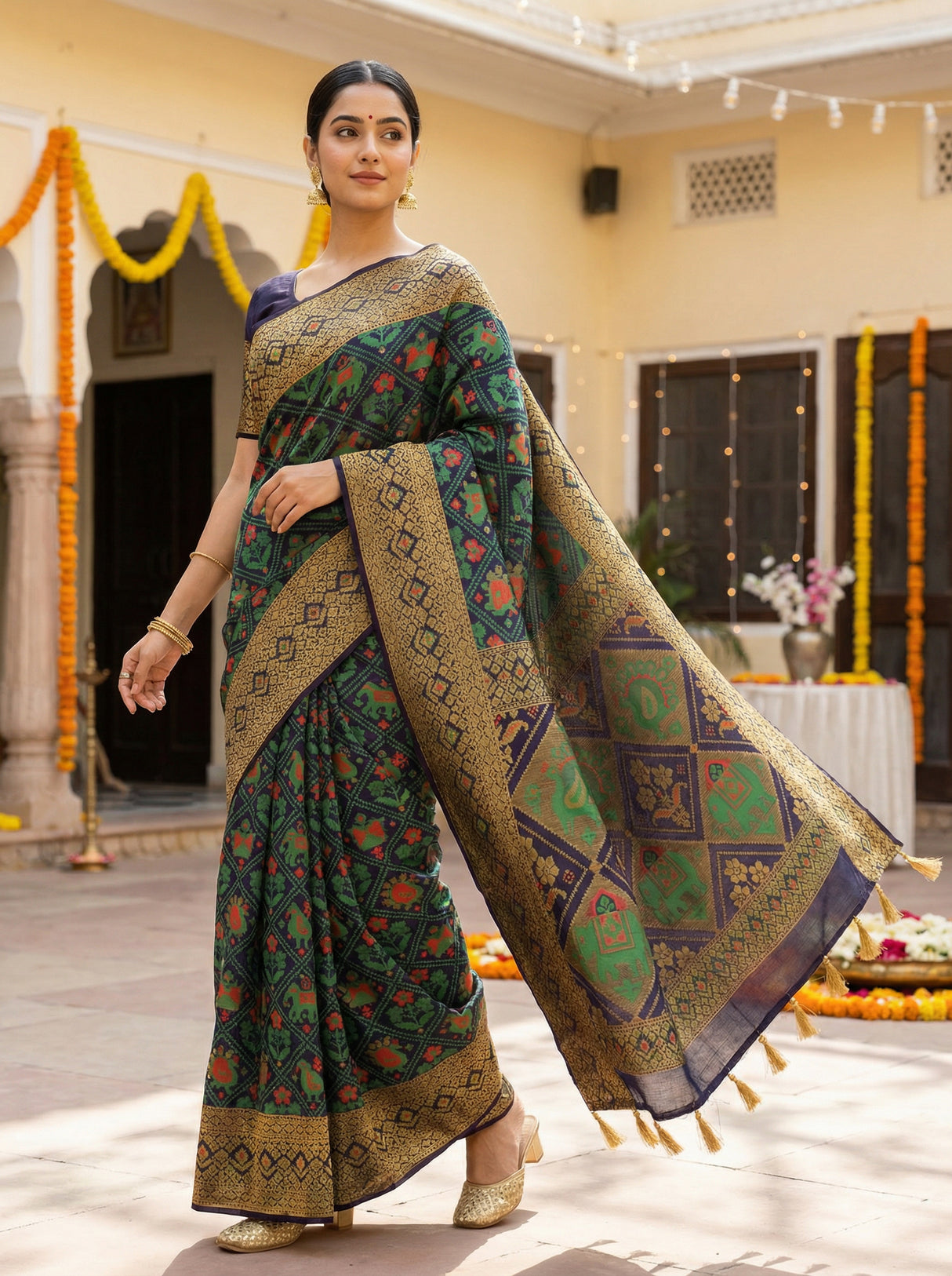 MIMOSA Women's Woven Design Paithani Style Raw Silk Saree with Blouse Piece - Navy ( SA00003128NVFREE )