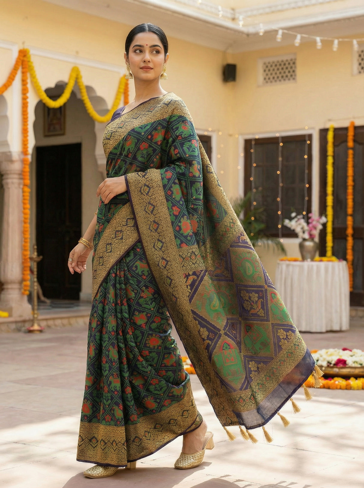 MIMOSA Women's Woven Design Paithani Style Raw Silk Saree with Blouse Piece - Navy ( SA00003128NVFREE )