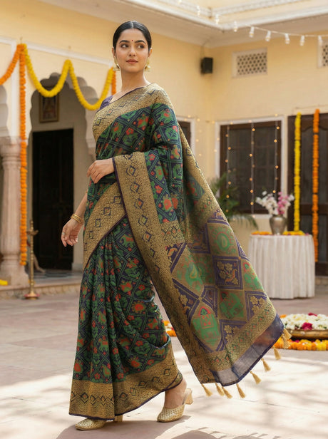MIMOSA Women's Woven Design Paithani Style Raw Silk Saree with Blouse Piece - Navy ( SA00003128NVFREE )