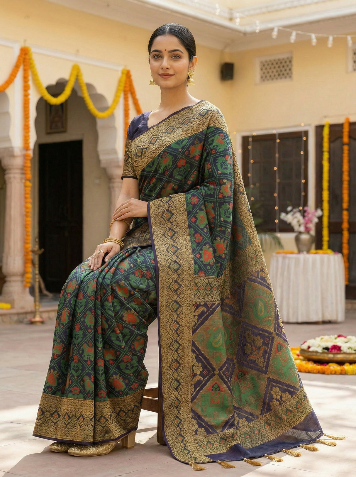 MIMOSA Women's Woven Design Paithani Style Raw Silk Saree with Blouse Piece - Navy ( SA00003128NVFREE )
