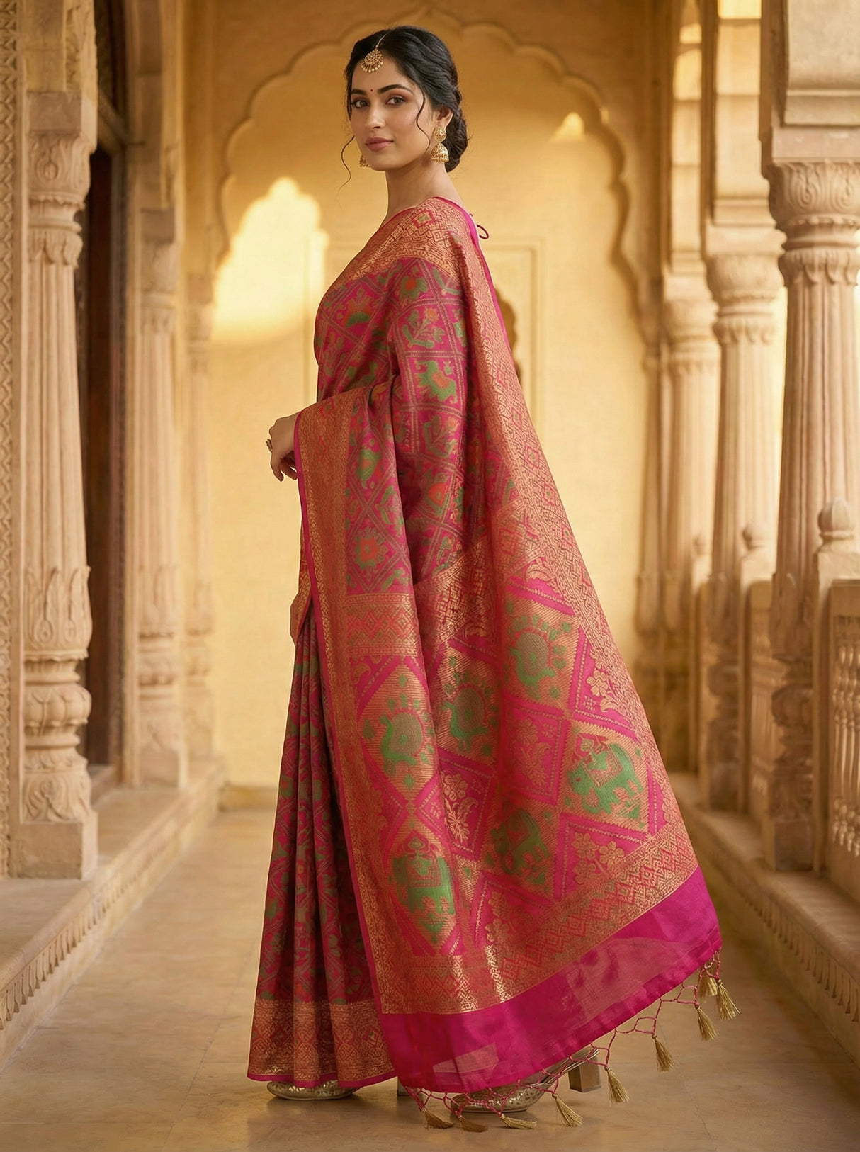 MIMOSA Women's Woven Design Paithani Style Raw Silk Saree with Blouse Piece - Rani ( SA00003128RNFREE )