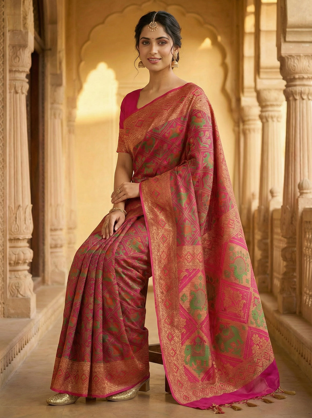 MIMOSA Women's Woven Design Paithani Style Raw Silk Saree with Blouse Piece - Rani ( SA00003128RNFREE )