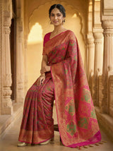 MIMOSA Women's Woven Design Paithani Style Raw Silk Saree with Blouse Piece - Rani ( SA00003128RNFREE )