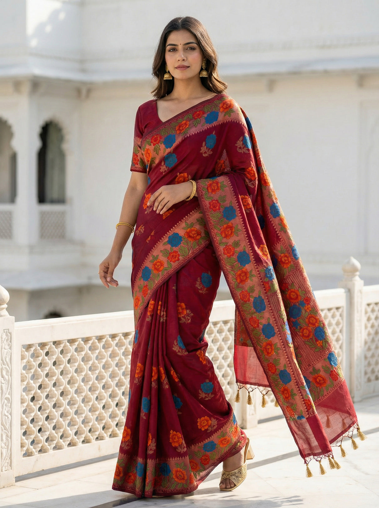 MIMOSA Women's Woven Design Paithani Style Raw Silk Saree with Blouse Piece - Maroon ( SA00003129MRFREE )
