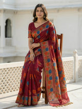 MIMOSA Women's Woven Design Paithani Style Raw Silk Saree with Blouse Piece - Maroon ( SA00003129MRFREE )