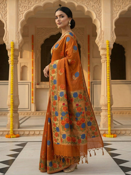 MIMOSA Women's Woven Design Paithani Style Raw Silk Saree with Blouse Piece - Mustard ( SA00003129MSFREE )
