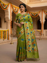 MIMOSA Women's Woven Design Paithani Style Raw Silk Saree with Blouse Piece - Olive ( SA00003129OLFREE )