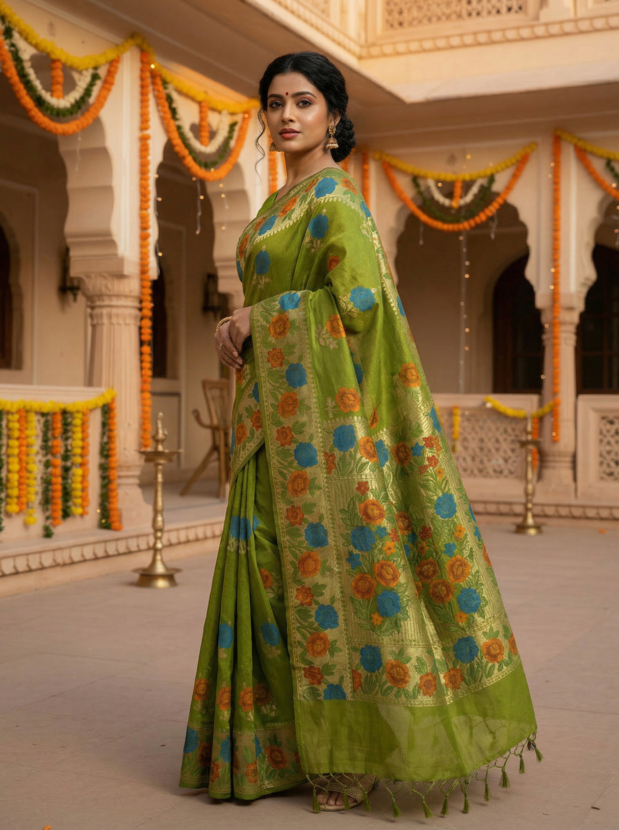 MIMOSA Women's Woven Design Paithani Style Raw Silk Saree with Blouse Piece - Olive ( SA00003129OLFREE )