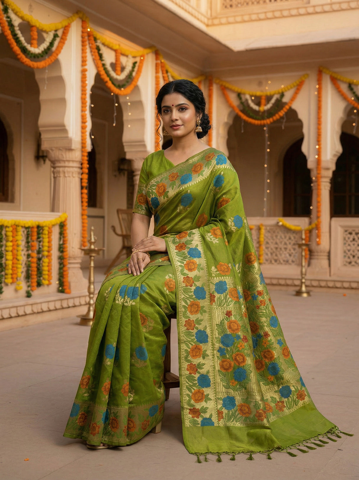 MIMOSA Women's Woven Design Paithani Style Raw Silk Saree with Blouse Piece - Olive ( SA00003129OLFREE )