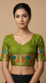 MIMOSA Women's Woven Design Paithani Style Raw Silk Saree with Blouse Piece - Olive ( SA00003129OLFREE )