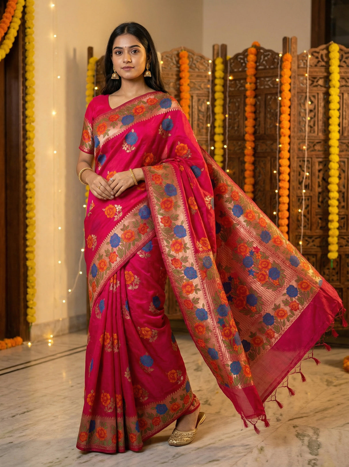 MIMOSA Women's Woven Design Paithani Style Raw Silk Saree with Blouse Piece - Rani ( SA00003129RNFREE )