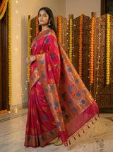 MIMOSA Women's Woven Design Paithani Style Raw Silk Saree with Blouse Piece - Rani ( SA00003129RNFREE )