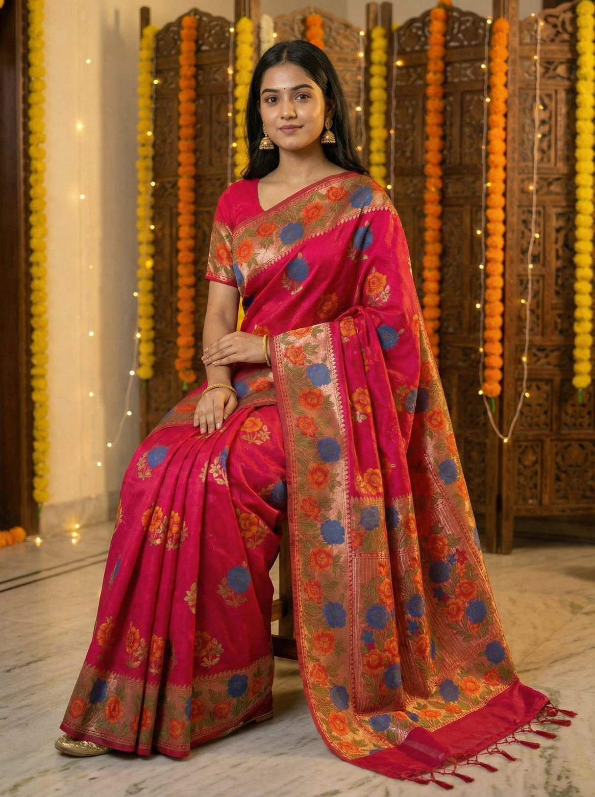 MIMOSA Women's Woven Design Paithani Style Raw Silk Saree with Blouse Piece - Rani ( SA00003129RNFREE )