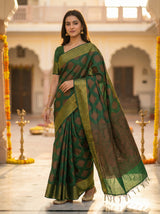 MIMOSA Women's Woven Design Banarasi Style Raw Silk Saree with Blouse Piece - Green ( SA00003130GRNFREE )