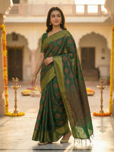 MIMOSA Women's Woven Design Banarasi Style Raw Silk Saree with Blouse Piece - Green ( SA00003130GRNFREE )