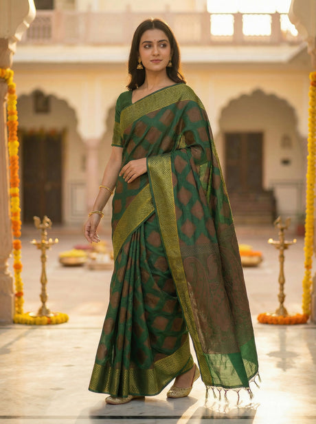 MIMOSA Women's Woven Design Banarasi Style Raw Silk Saree with Blouse Piece - Green ( SA00003130GRNFREE )