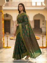 MIMOSA Women's Woven Design Banarasi Style Raw Silk Saree with Blouse Piece - Green ( SA00003130GRNFREE )