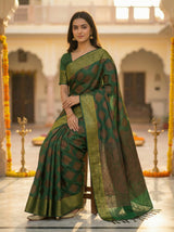 MIMOSA Women's Woven Design Banarasi Style Raw Silk Saree with Blouse Piece - Green ( SA00003130GRNFREE )
