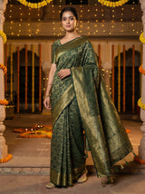 MIMOSA Women's Woven Design Banarasi Style Raw Silk Saree with Blouse Piece - Green ( SA00003131GRNFREE )