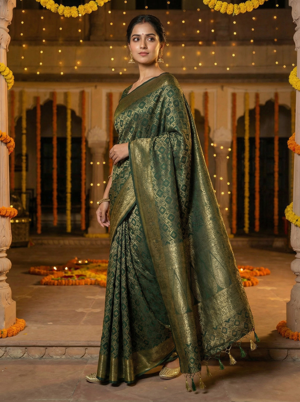 MIMOSA Women's Woven Design Banarasi Style Raw Silk Saree with Blouse Piece - Green ( SA00003131GRNFREE )
