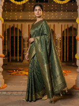 MIMOSA Women's Woven Design Banarasi Style Raw Silk Saree with Blouse Piece - Green ( SA00003131GRNFREE )