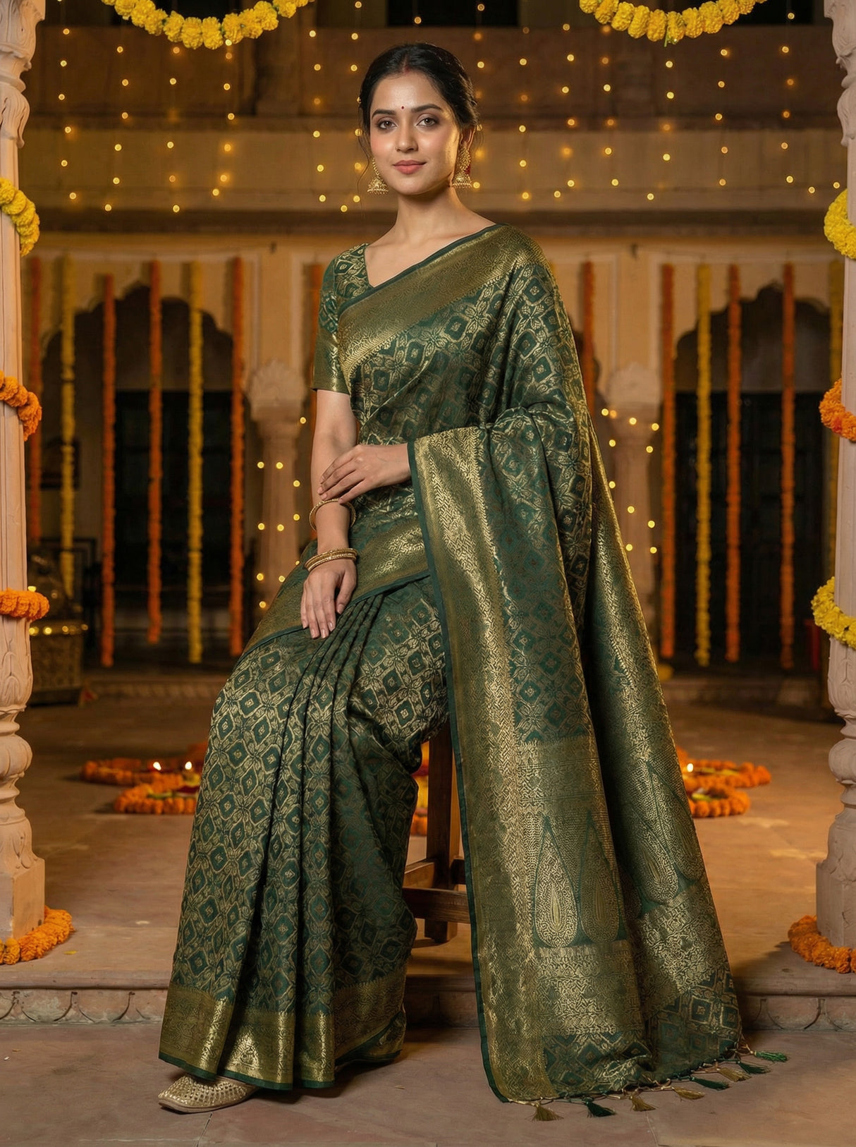 MIMOSA Women's Woven Design Banarasi Style Raw Silk Saree with Blouse Piece - Green ( SA00003131GRNFREE )