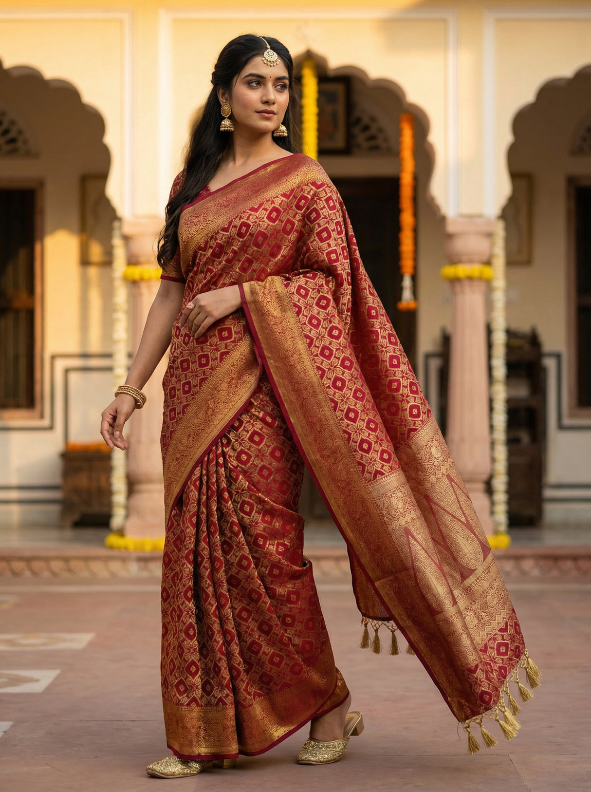 MIMOSA Women's Woven Design Banarasi Style Raw Silk Saree with Blouse Piece - Maroon ( SA00003131MRFREE )