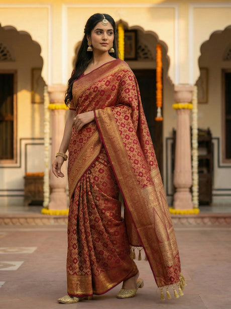 MIMOSA Women's Woven Design Banarasi Style Raw Silk Saree with Blouse Piece - Maroon ( SA00003131MRFREE )