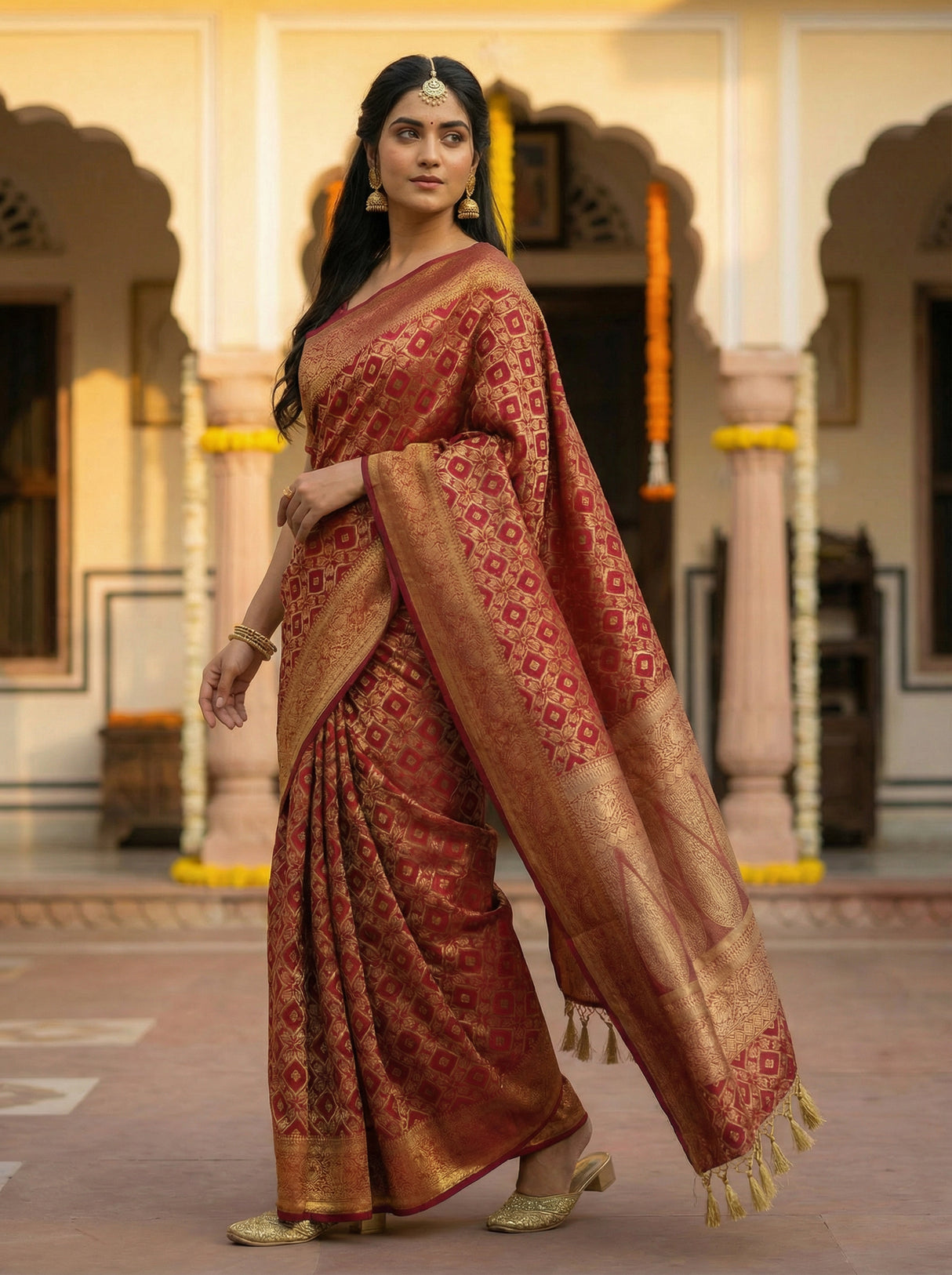 MIMOSA Women's Woven Design Banarasi Style Raw Silk Saree with Blouse Piece - Maroon ( SA00003131MRFREE )