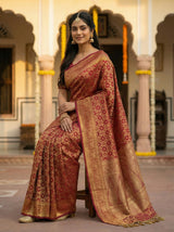 MIMOSA Women's Woven Design Banarasi Style Raw Silk Saree with Blouse Piece - Maroon ( SA00003131MRFREE )