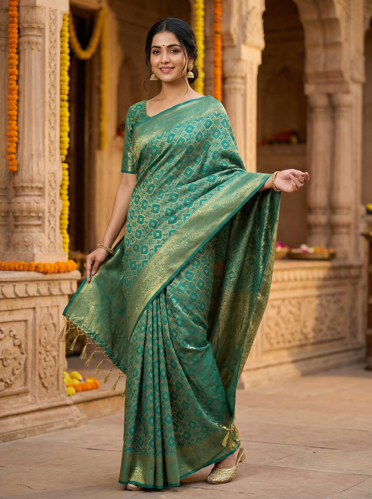 MIMOSA Women's Woven Design Banarasi Style Raw Silk Saree with Blouse Piece - Rama ( SA00003131RMFREE )