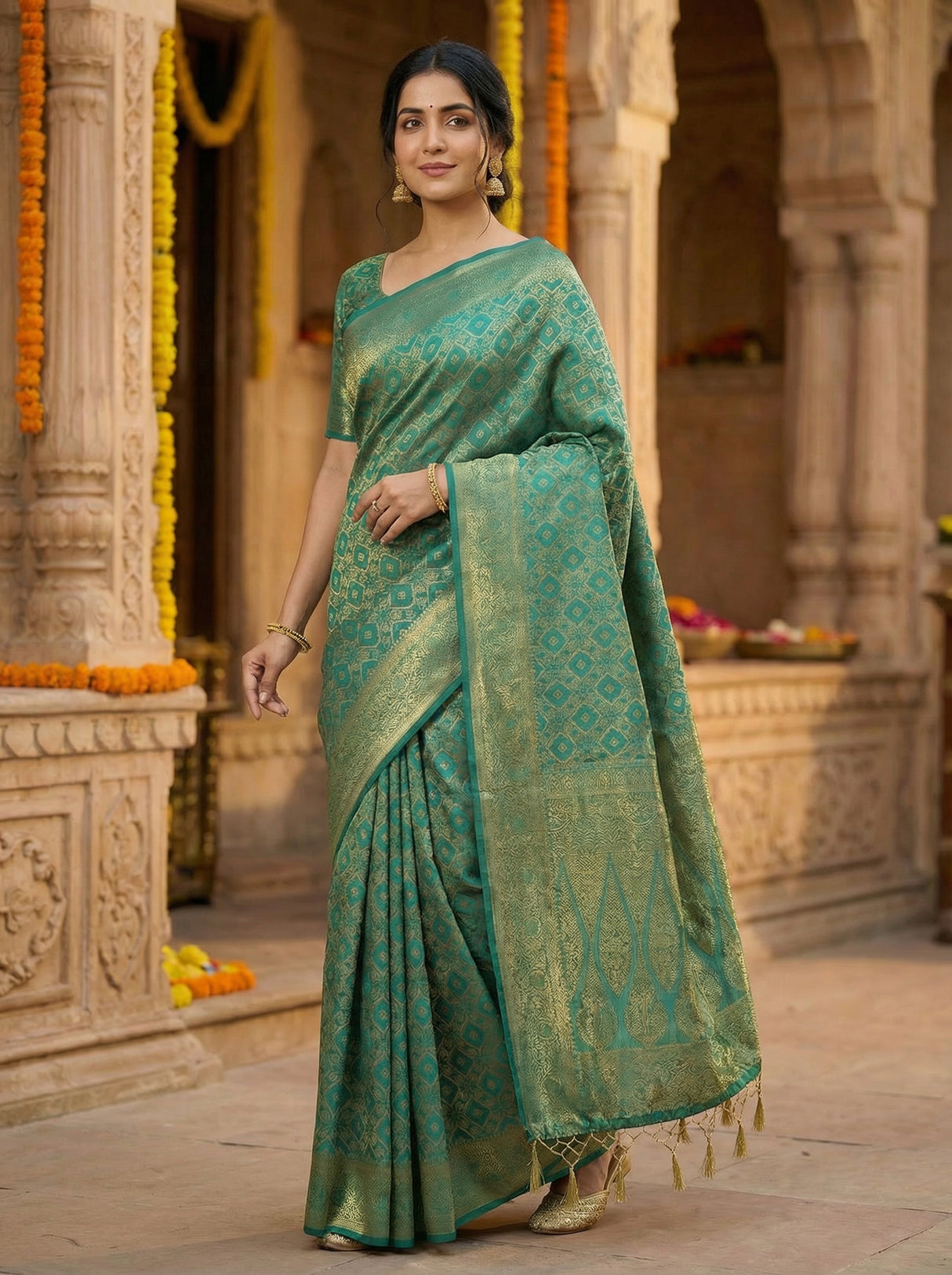 MIMOSA Women's Woven Design Banarasi Style Raw Silk Saree with Blouse Piece - Rama ( SA00003131RMFREE )
