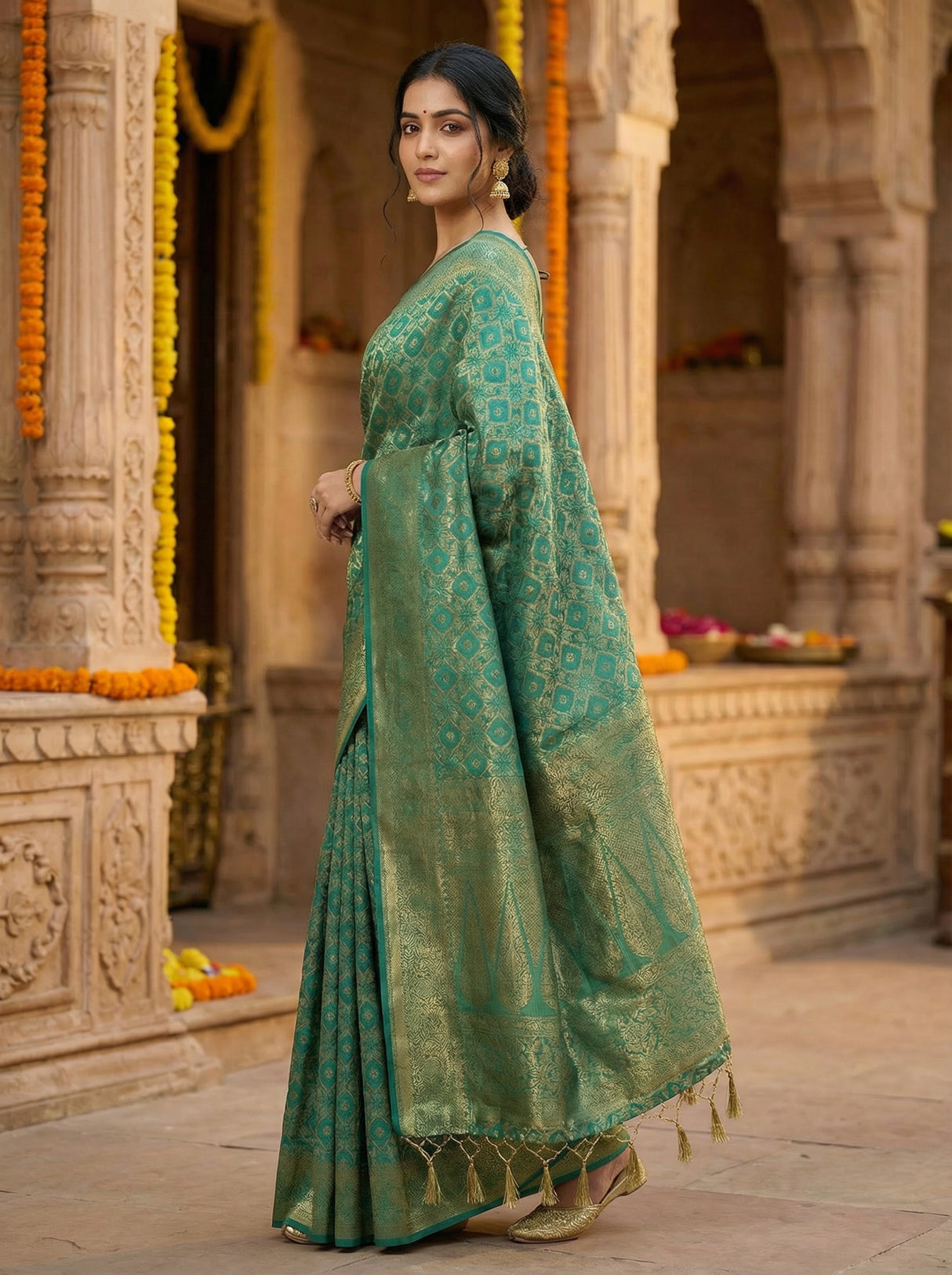 MIMOSA Women's Woven Design Banarasi Style Raw Silk Saree with Blouse Piece - Rama ( SA00003131RMFREE )