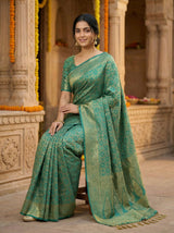 MIMOSA Women's Woven Design Banarasi Style Raw Silk Saree with Blouse Piece - Rama ( SA00003131RMFREE )