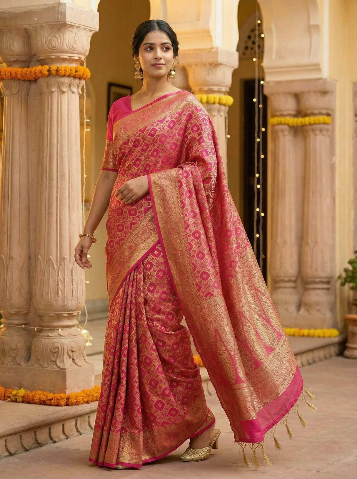 MIMOSA Women's Woven Design Banarasi Style Raw Silk Saree with Blouse Piece - Rani ( SA00003131RNFREE )