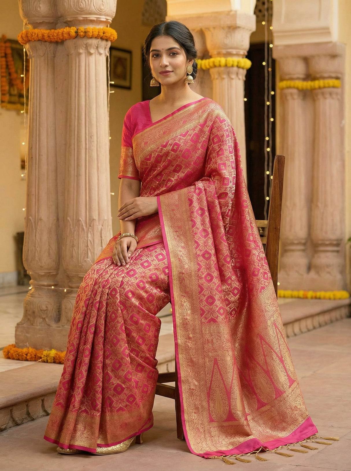 MIMOSA Women's Woven Design Banarasi Style Raw Silk Saree with Blouse Piece - Rani ( SA00003131RNFREE )