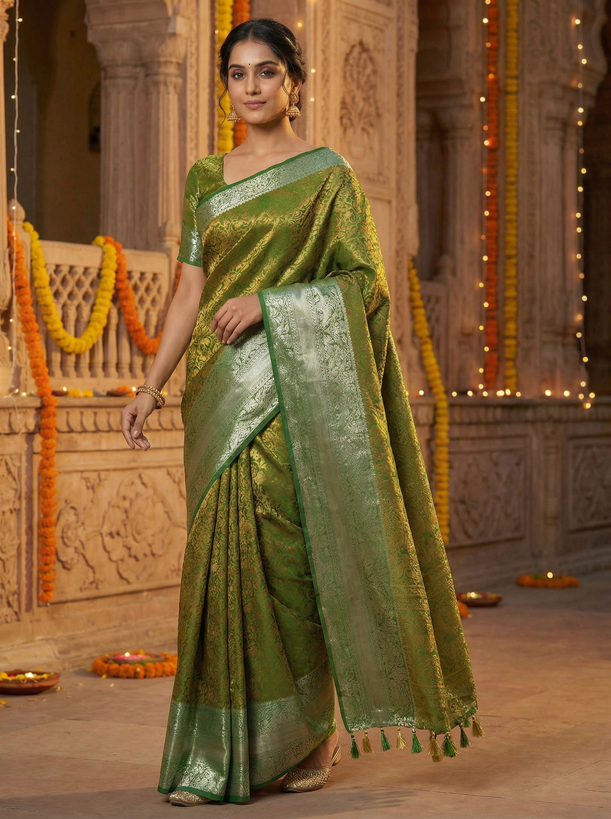 MIMOSA Women's Woven Design Banarasi Style Art Silk  Saree with Blouse Piece - Green ( SA00003132GRNFREE )