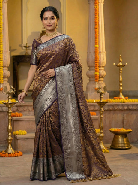 MIMOSA Women's Woven Design Banarasi Style Art Silk  Saree with Blouse Piece - Navy ( SA00003132NVFREE )