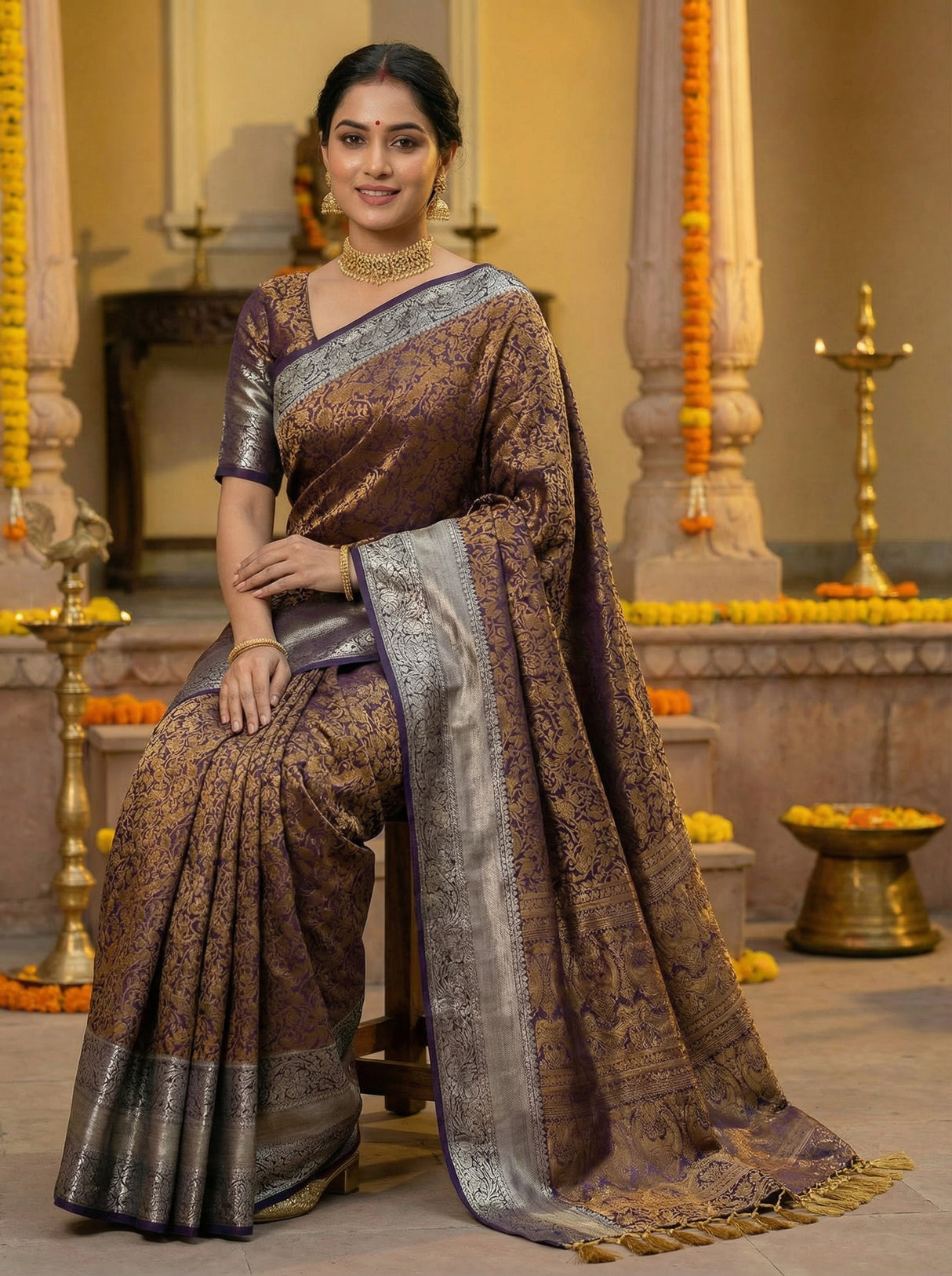MIMOSA Women's Woven Design Banarasi Style Art Silk  Saree with Blouse Piece - Navy ( SA00003132NVFREE )