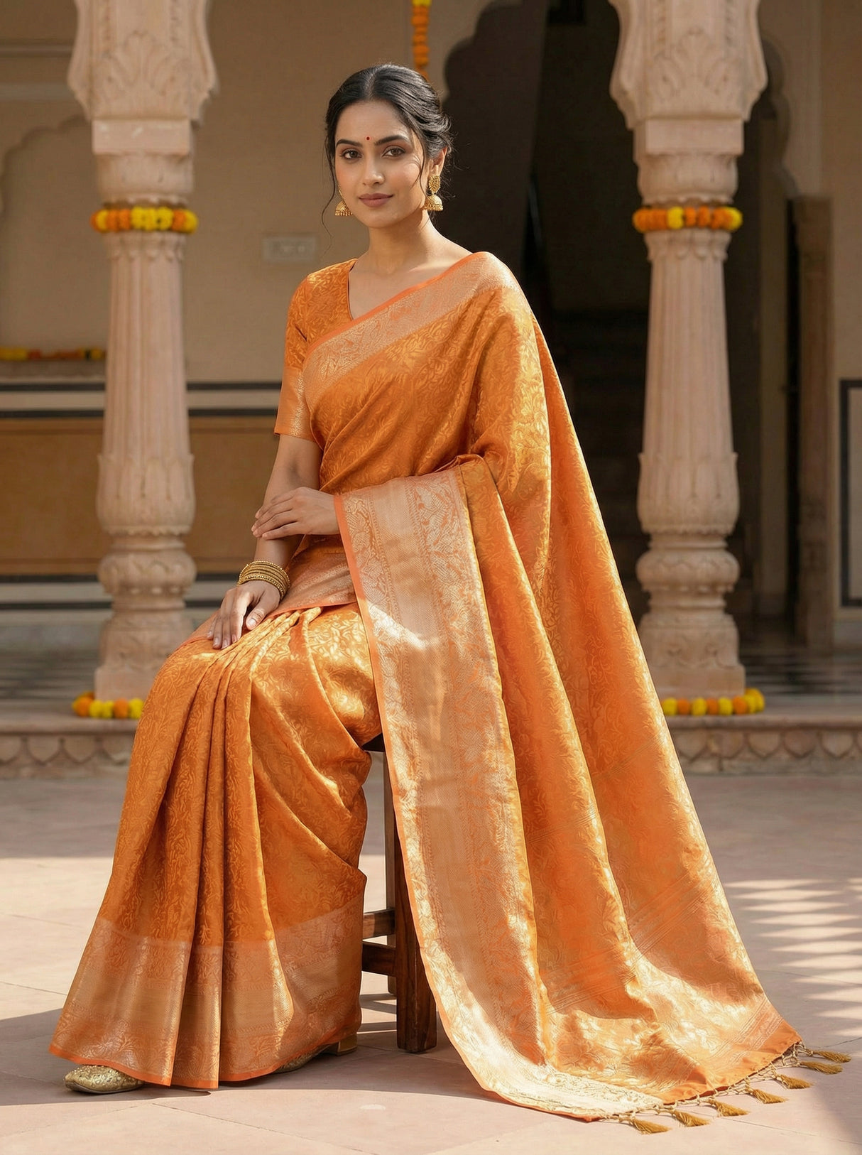 MIMOSA Women's Woven Design Banarasi Style Art Silk  Saree with Blouse Piece - Peach ( SA00003132PCFREE )