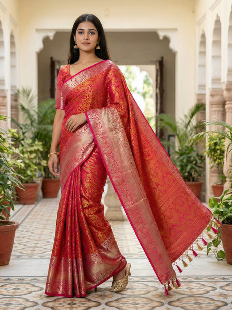 MIMOSA Women's Woven Design Banarasi Style Art Silk  Saree with Blouse Piece - Rani ( SA00003132RNFREE )