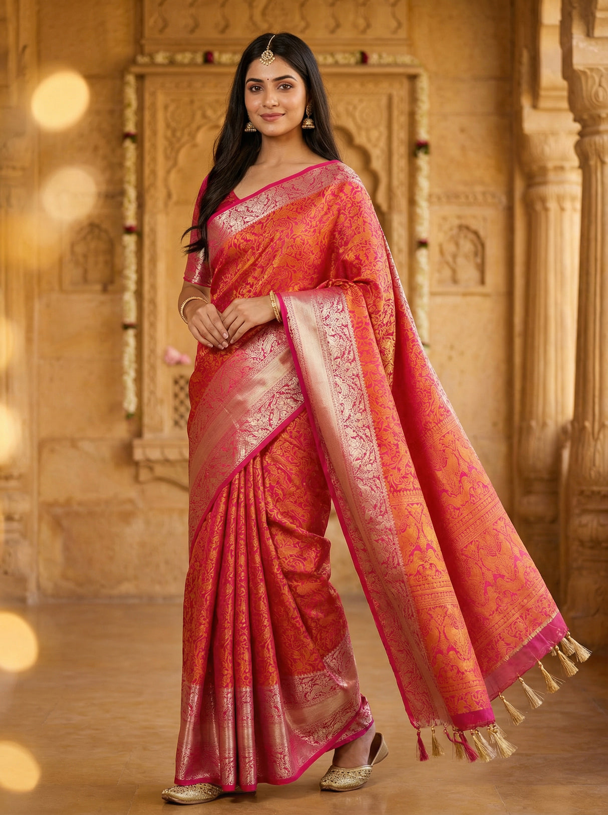 MIMOSA Women's Woven Design Banarasi Style Art Silk  Saree with Blouse Piece - Rani ( SA00003132RNFREE )