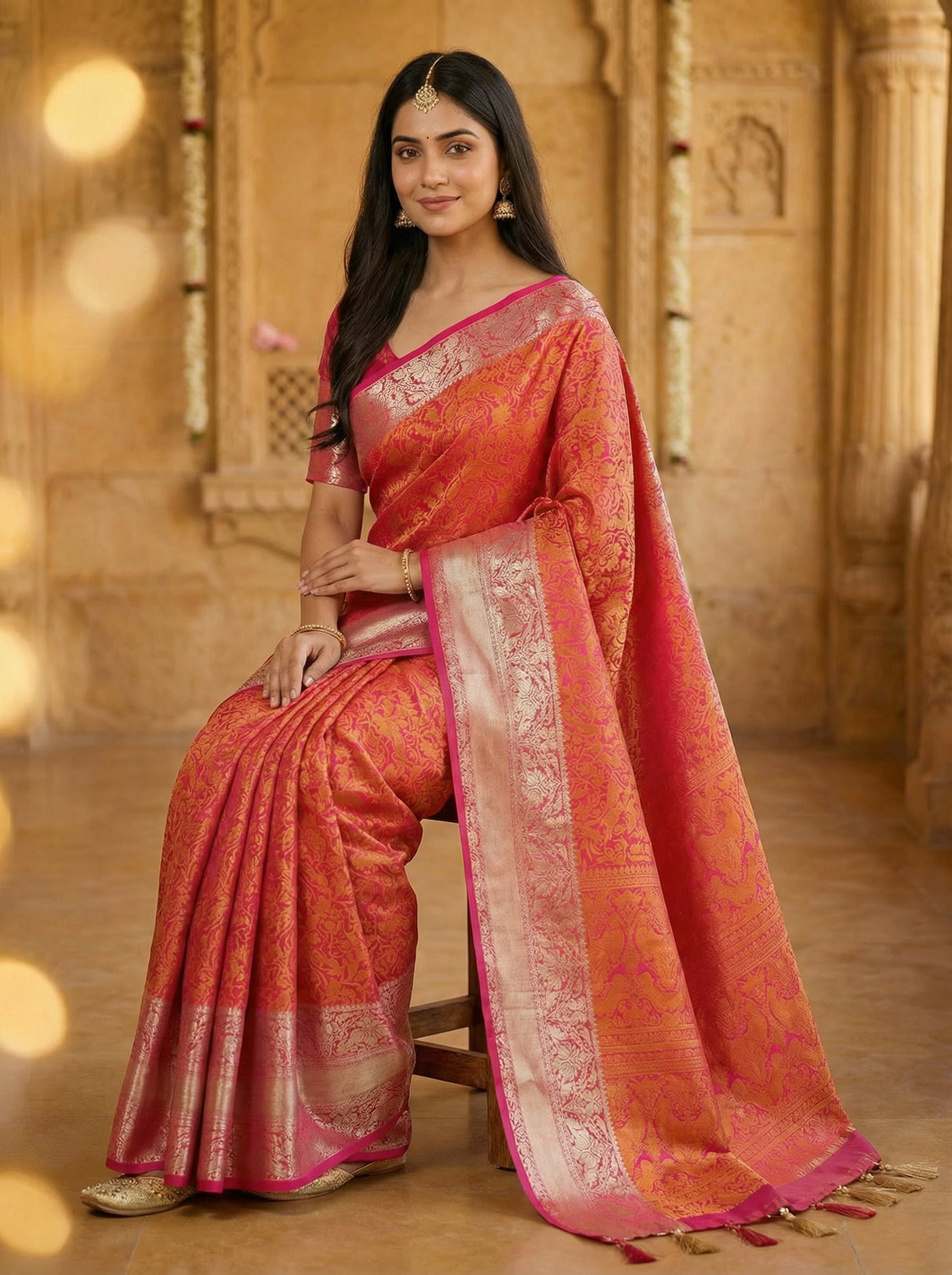 MIMOSA Women's Woven Design Banarasi Style Art Silk  Saree with Blouse Piece - Rani ( SA00003132RNFREE )